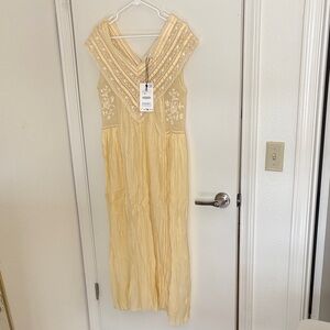Zara ZW Collection Butter Yellow Pleated Embroidered Maxi Dress - Size Small